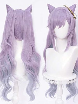 Anime Purple Wig for Keqing Cosplay, with Ponytails, Horns, and Long Pigtails, for Halloween, Kids & Women, Free Wig Cap Included