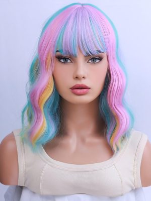 Rainbow Short Curly Wavy Multi-Color Wig, Bob with Bangs, Heat Resistant Synthetic, for Cosplay Costume Party