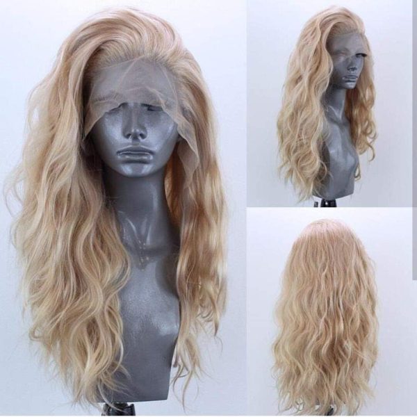 Long Natural Curly Glueless Lace Front Wig, Golden Blonde, Left Part, Heat Resistant Fiber Hair, for Daily or Party Use