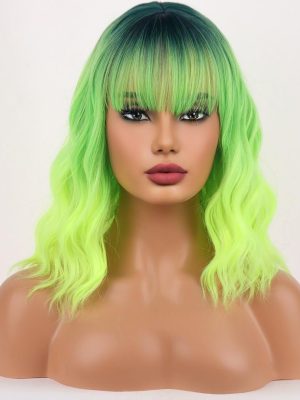 Neon Green Short Curly Wavy Lime Green Wig, Bob with Bangs, Heat Resistant Synthetic, for Cosplay Costume Party (Green Ombre)