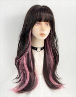 Long Wavy Synthetic Curly Wig with Bangs, Fiber Cosplay Wig for Girls, Daily Use, Colorful (Black+Brown+Pink)