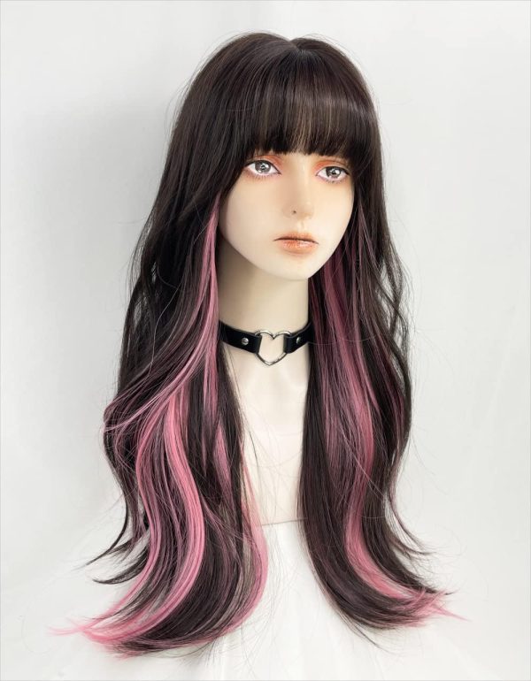 Long Wavy Synthetic Curly Wig with Bangs, Fiber Cosplay Wig for Girls, Daily Use, Colorful (Black+Brown+Pink)