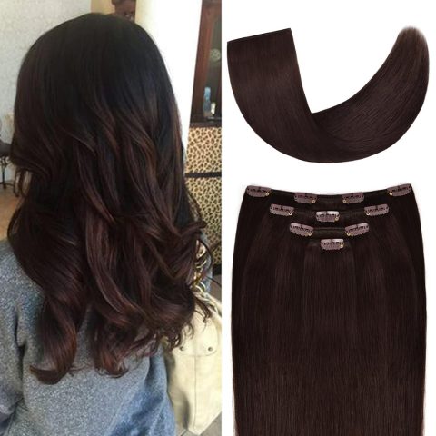 12" Silky Straight Human Hair Clip-Ins, Dark Brown