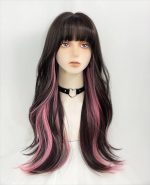 Long Wavy Synthetic Curly Wig with Bangs, Fiber Cosplay Wig for Girls, Daily Use, Colorful (Black+Brown+Pink)