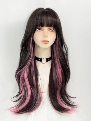 Long Wavy Synthetic Curly Wig with Bangs, Fiber Cosplay Wig for Girls, Daily Use, Colorful (Black+Brown+Pink)