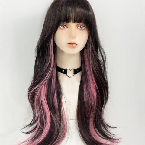Long Wavy Synthetic Curly Wig with Bangs, Fiber Cosplay Wig for Girls, Daily Use, Colorful (Black+Brown+Pink)
