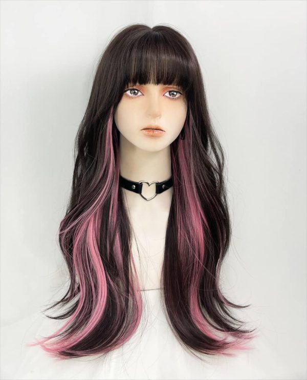 Long Wavy Synthetic Curly Wig with Bangs, Fiber Cosplay Wig for Girls, Daily Use, Colorful (Black+Brown+Pink)