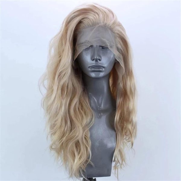 Long Natural Curly Glueless Lace Front Wig, Golden Blonde, Left Part, Heat Resistant Fiber Hair, for Daily or Party Use