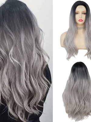 Gradient Black-Gray Long Wavy Wig