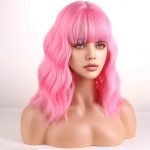 Short Curly Light Pink Wig with Bangs, Short Wave, Synthetic, for Cosplay Costume Party, Includes Wig Cap