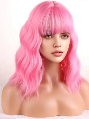 Short Curly Light Pink Wig with Bangs, Short Wave, Synthetic, for Cosplay Costume Party, Includes Wig Cap