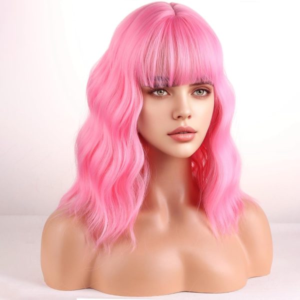 Short Curly Light Pink Wig with Bangs, Short Wave, Synthetic, for Cosplay Costume Party, Includes Wig Cap