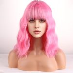 Short Curly Light Pink Wig with Bangs, Short Wave, Synthetic, for Cosplay Costume Party, Includes Wig Cap