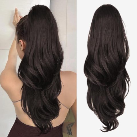 26" Drawstring Wavy Ponytail Extension, Dark Brown