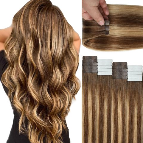 16" Balayage Tape-In Hair, Chocolate to Caramel Blonde