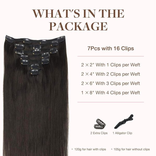 18" 120g Real Human Hair Clip-Ins, 7Pcs Dark Brown