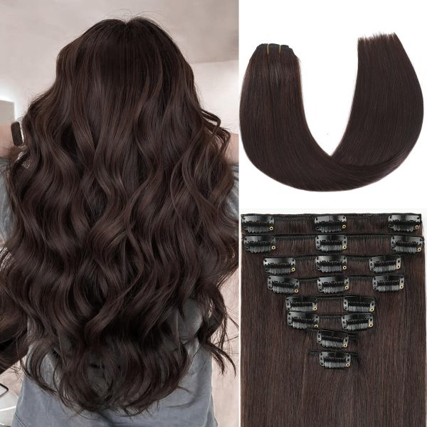 14" Invisible Seamless Human Hair Clip-Ins, Dark Brown