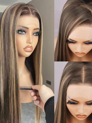 Honey Gold Highlighted Long Straight Wig