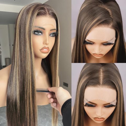 Honey Gold Highlighted Long Straight Wig