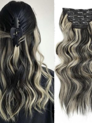 20" Synthetic Long Wavy Clip-Ins, Black/Blonde Mix