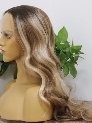 HD Lace Front Synthetic Wig, Platinum Blonde with Brown Highlights, Loose Wavy Curly, Heat Resistant Long Ombre Wig, Light Brown Roots Version