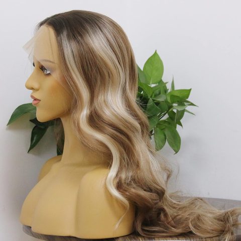 HD Lace Front Synthetic Wig, Platinum Blonde with Brown Highlights, Loose Wavy Curly, Heat Resistant Long Ombre Wig, Light Brown Roots Version