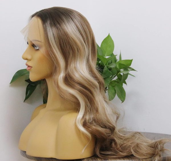 HD Lace Front Synthetic Wig, Platinum Blonde with Brown Highlights, Loose Wavy Curly, Heat Resistant Long Ombre Wig, Light Brown Roots Version