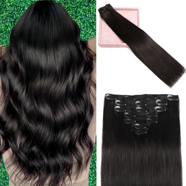 18" Double Weft Human Hair Clip-Ins, #1B