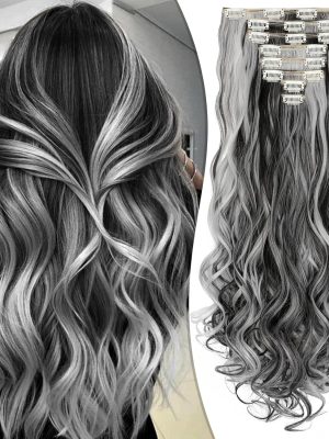 24" Synthetic Wavy Clip-Ins, Black/Silver Grey Mix