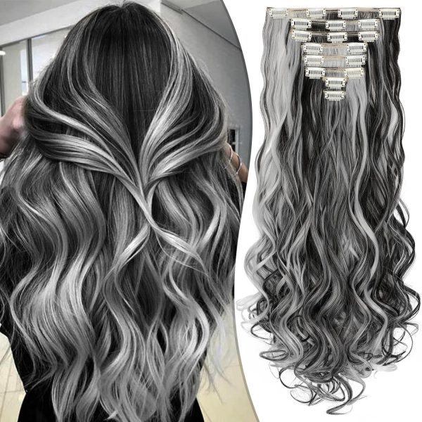 24" Synthetic Wavy Clip-Ins, Black/Silver Grey Mix