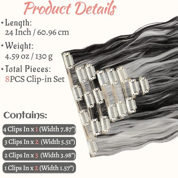 24" Synthetic Wavy Clip-Ins, Black/Silver Grey Mix