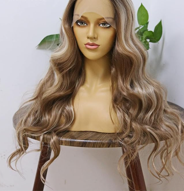 HD Lace Front Synthetic Wig, Platinum Blonde with Brown Highlights, Loose Wavy Curly, Heat Resistant Long Ombre Wig, Light Brown Roots Version